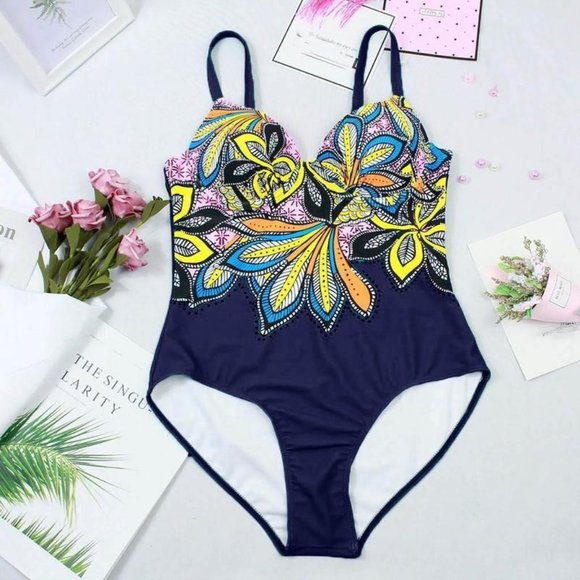 Sexy Print One Piece Swimsuit Closed Push Up Women Floral Blue Vintage Style NEW - Picture 2 of 5
